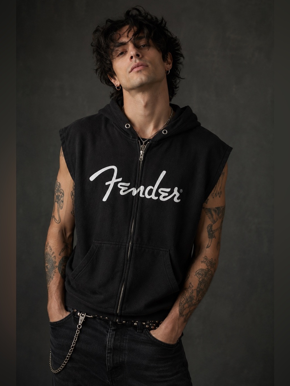 Fender Guitar Black Sleeveless Zip Up Fleece Lined Hoodie Unisex Size XL